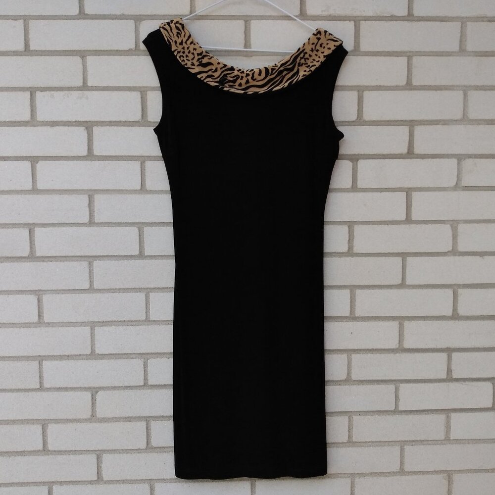 Vintage 90s Black Dress with Tiger Print Slinky Stretch 1990s Size Medium